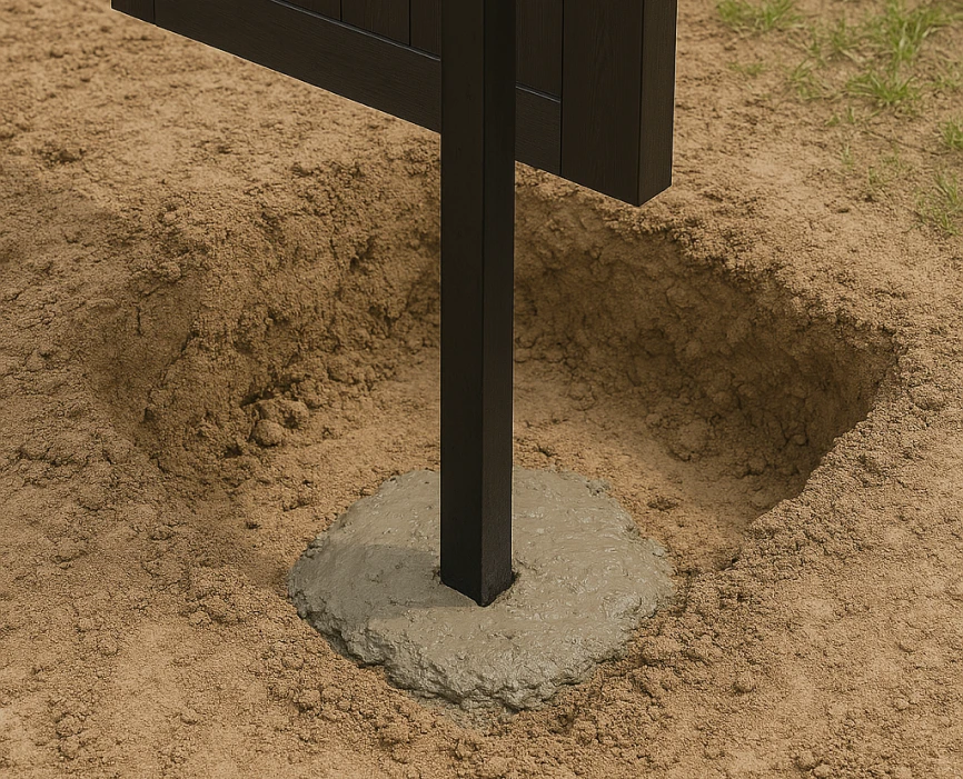 Ein Zaunpfahl aus Metall steht aufrecht im nassen Beton eines Erdlochs auf einer Gartenbaustelle.