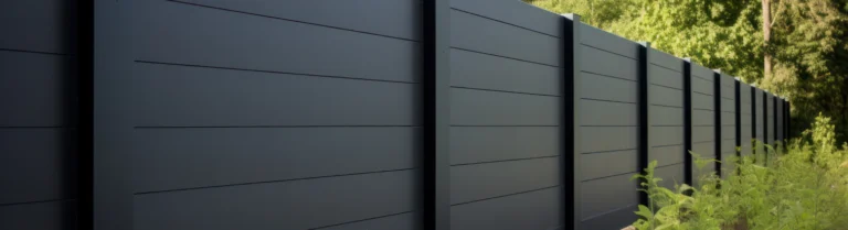 Schwarzer, horizontaler Metallzaun mit sichtbaren Pfosten.
