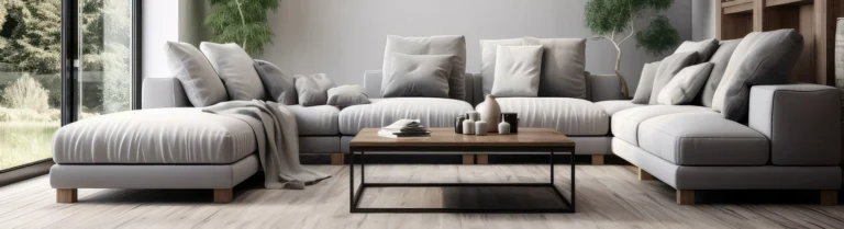 Wohnzimmer mit weißem Sektionssofa auf Hart-Vinylboden mit minimalem Dekor.
