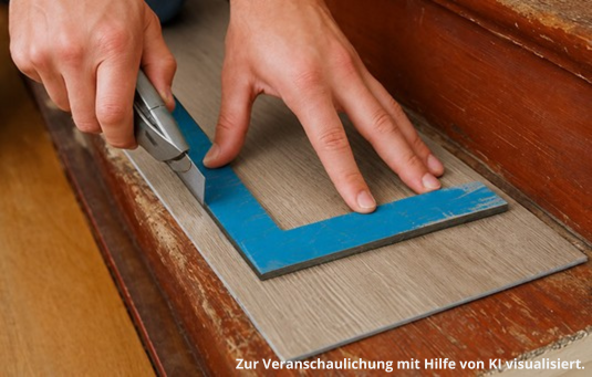 Nahaufnahme von Händen die mit einem Universalmesser graue Vinylböden.