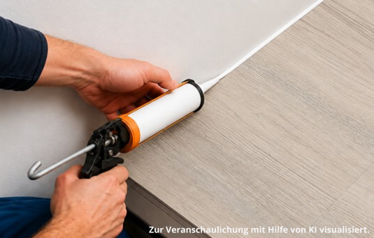 Eine Person trägt mit einer Fugenpistole Klebstoff.