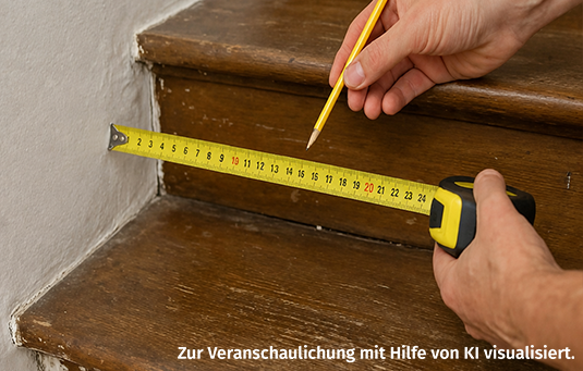 Ein Paar Hände mit Maßband und Bleistift auf einer hölzernen Treppenstufe.