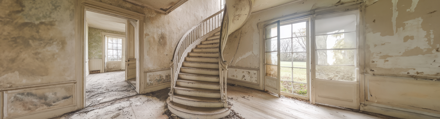 Altbau mit beschädigten Dielen, Putzschäden und Treppe – symbolisch für die Herausforderungen bei der Bodenverlegung auf unebenen Altbauuntergründen.