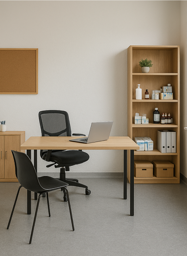 Büroraum mit hellem Boden, zwei Stühlen, Schreibtisch mit Laptop und Korkplatte an der Wand.