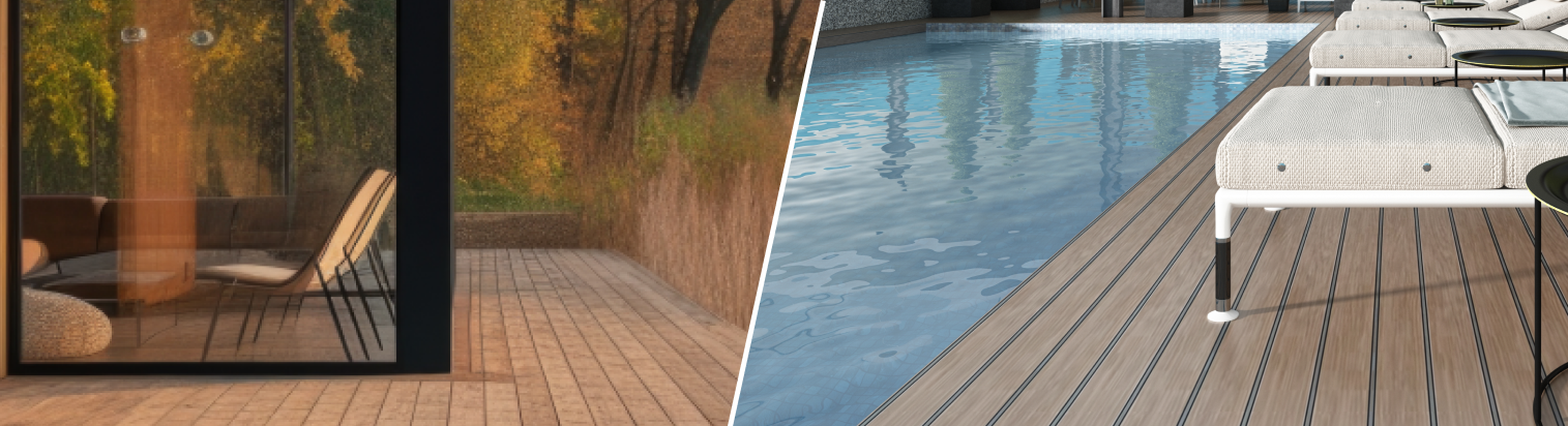 Das geteilte Bild zeigt eine Terrasse mit Außenstühlen, einen Pool und einen WPC-Belag am Wasser.