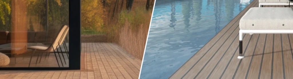 Eine Terrasse mit Außenstühlen, einen Pool und einen WPC-Belag am Wasser.