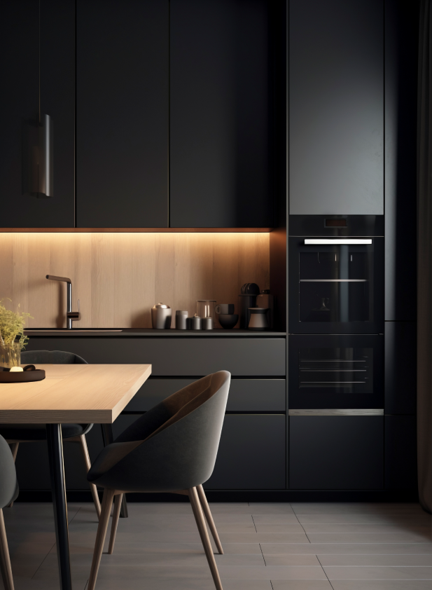 Stilvolle schwarze Küche mit integrierter Beleuchtung und hellem Fliesenspiegel in Holzoptik – der graue Küchenboden ergänzt das edle Design und unterstreicht den modernen, wohnlichen Charakter