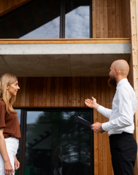 Fachberatung vor Ort: Ein casando-Experte erklärt einer Kundin die Vorteile einer modernen WPC Fassade. Klickbares Bild mit Verlinkung zum passenden Sortiment