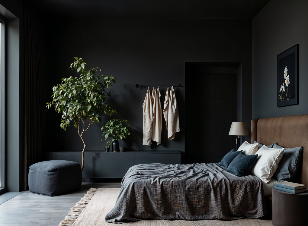 Stilvolles Schlafzimmer mit dunkler Wandfarbe und harmonisch abgestimmtem grauem Bodenbelag – perfekt für ruhige, elegante Rückzugsorte mit modernem Charakter. Das Bild ist klickbar und verlinkt zum passenden Boden im casando-Shop.