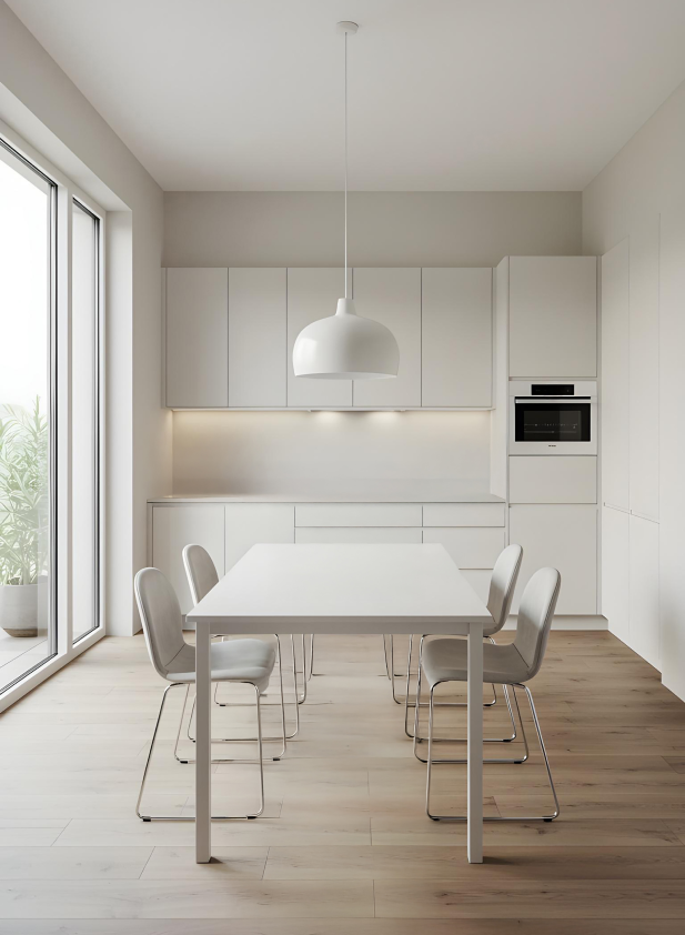Minimalistische, helle Küche mit grifflosen Fronten und großzügigem Essbereich – der helle Küchenboden in natürlicher Holzoptik schafft eine warme, luftige Atmosphäre im modernen Gesamtbild.