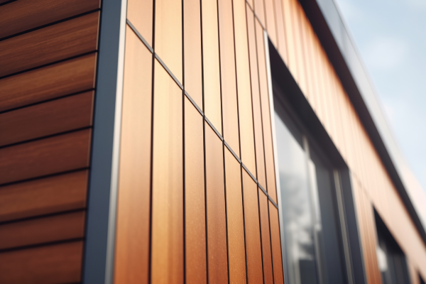 Detailaufnahme einer modernen, vertikal montierten Fassade mit edler Holzoptik – klickbares Bild, führt direkt zum passenden Fassadenprofil im casando-Shop