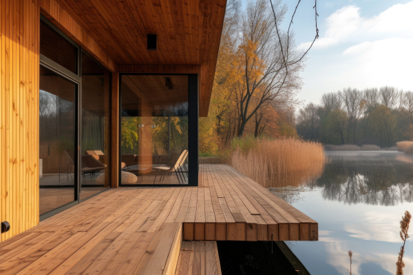 Holzterrasse an einem See mit stilvollem Holzhaus, großen Glasfronten und herbstlicher Uferlandschaft im Hintergrund – ideal zur Darstellung von natürlicher Ästhetik und der harmonischen Integration von Holz in die Umgebung – klickbares Bild führt direkt zum passenden Produkt im casando Shop.