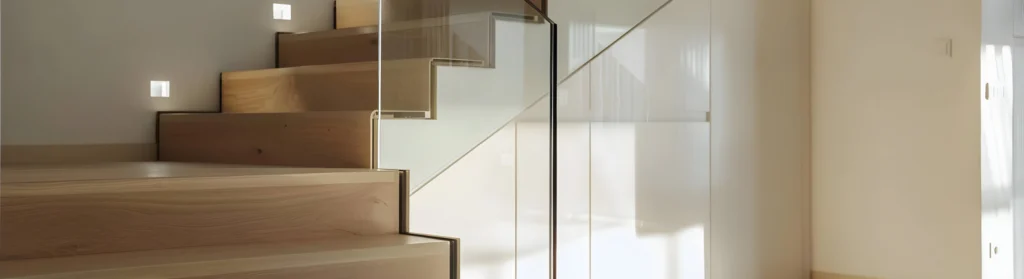 Holztreppe mit Glasgeländer und vinylbeschichteten Stufen.