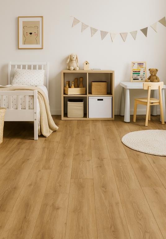 Kinderzimmer mit freundlicher Einrichtung, in natürlicher Holzoptik, Spieltisch, Regalwürfeln und liebevoll dekorierten Details – das Bild ist klickbar und führt direkt zum passenden Boden im casando-Shop