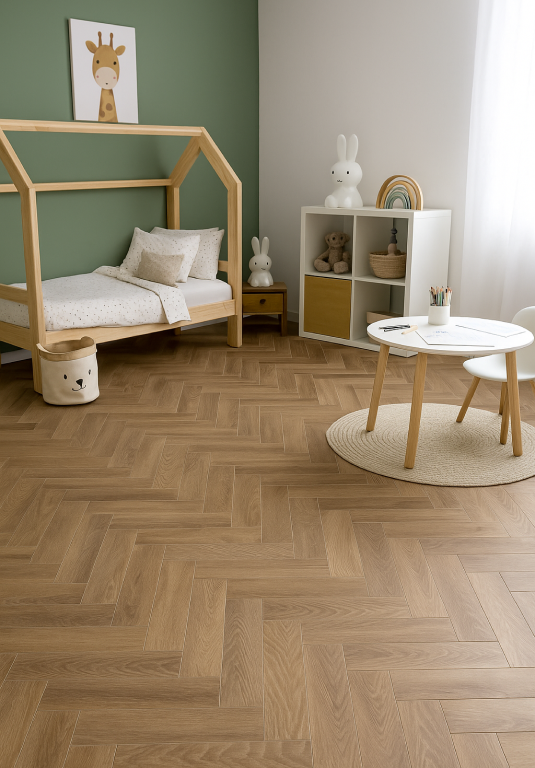 Kinderzimmer mit Fischgrät-Vinylboden, Holzbett und kleiner Bastelecke – modernes Design kombiniert mit pflegeleichtem Bodenbelag. Bild ist klickbar und führt direkt zum passenden Vinylboden im casando-Shop
