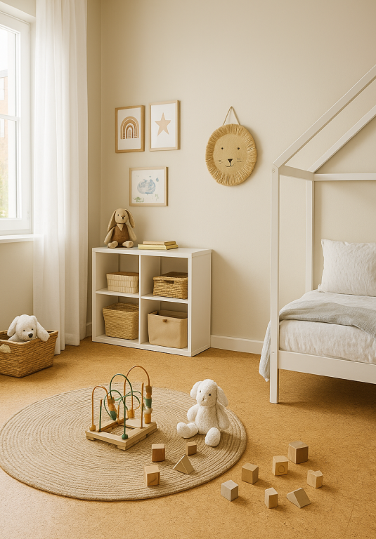 Kinderzimmer mit natürlichem Korkboden, Holzspielzeug, hellem Tageslicht und viel Stauraum – das Bild ist klickbar und führt direkt zum passenden Korkboden im casando-Shop