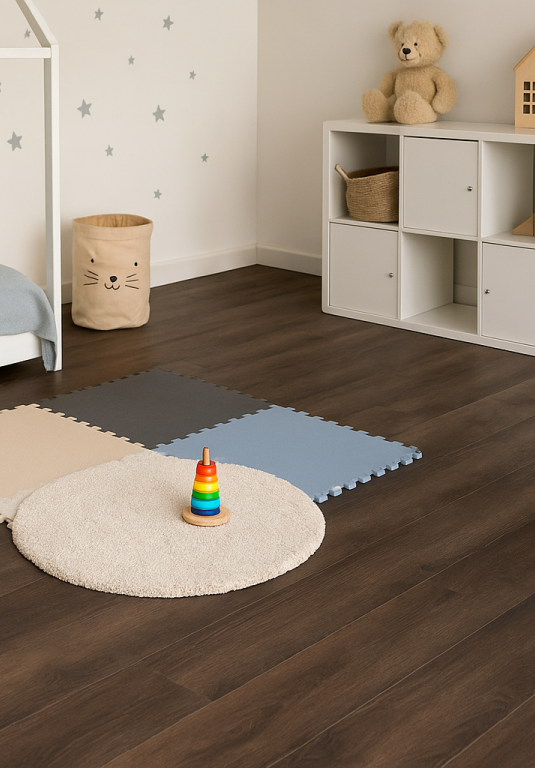 Kinderzimmer mit dunklem Laminatboden im Landhausdielen-Stil, Spielmatten und Teppich – das Bild ist klickbar und führt direkt zum passenden Laminatboden im casando-Shop.
