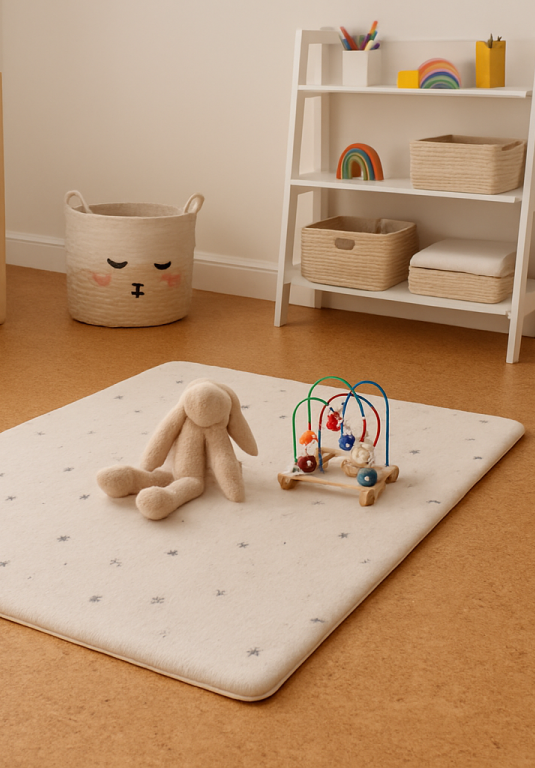 Krabbelecke im Kinderzimmer mit warmem Korkboden, Spielmatte und Spielzeug – das Bild ist klickbar und führt direkt zum passenden Korkboden im casando-Shop