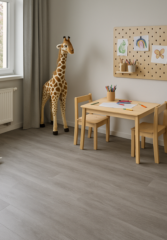 Kinderzimmer mit hellem Holzfußboden, kleinem Tisch und Stühlen, Kunst an weißen Wänden.