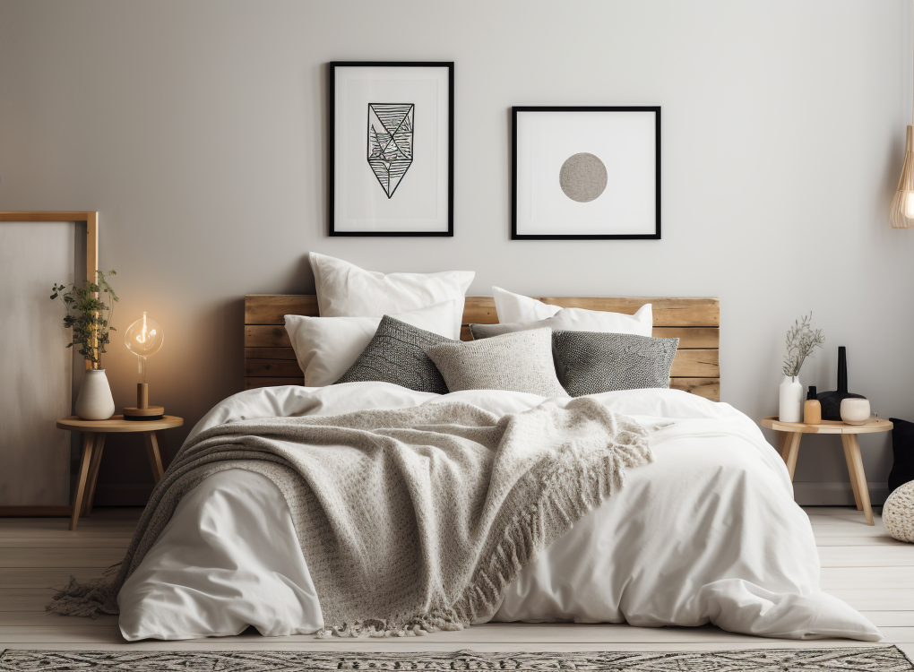 Schlafzimmer im skandinavischen Stil mit hellem Holzfußboden und minimalistischer Einrichtung – wirkt ruhig, luftig und modern. Ideal für Liebhaber von hellen Farben und natürlichen Materialien. Das Bild ist klickbar und führt zum passenden Bodenbelag im casando-Shop.