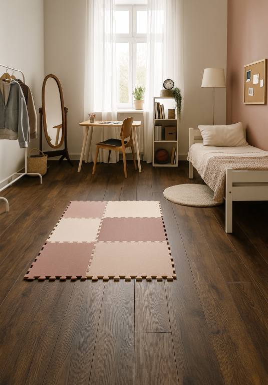 Stilvoll eingerichtetes Jugendzimmer mit dunklem Parkettboden und Schreibtisch – das Bild ist klickbar und führt direkt zum passenden Parkettboden im casando-Shop