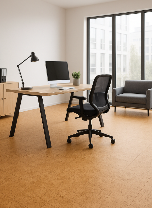 Modernes Büro mit hellem Holzfußboden, Schreibtisch, Stuhl, Lampe und farblich neutralem Sofa.