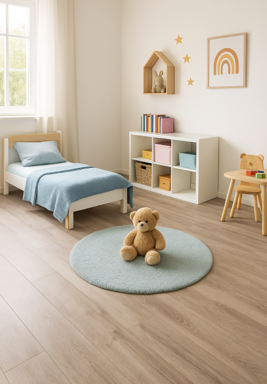 Modernes Kinderzimmer mit hellem Parkettboden, schlichter Einrichtung und rundem Teppich mit Teddybär – das Bild ist klickbar und führt direkt zum passenden Parkettboden im casando-Shop