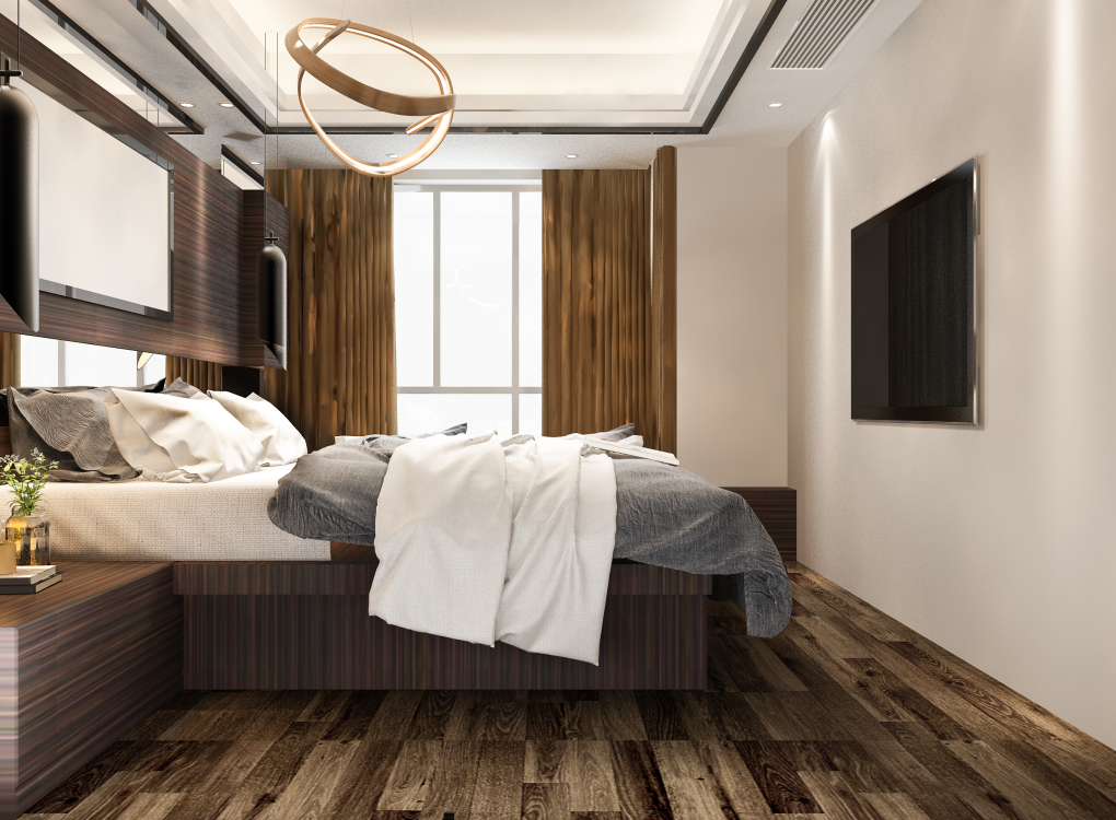 Stilvolles Schlafzimmer mit dunkler Wandfarbe und harmonisch abgestimmtem grauem Bodenbelag – perfekt für ruhige, elegante Rückzugsorte mit modernem Charakter. Das Bild ist klickbar und verlinkt zum passenden Boden im casando-Shop.