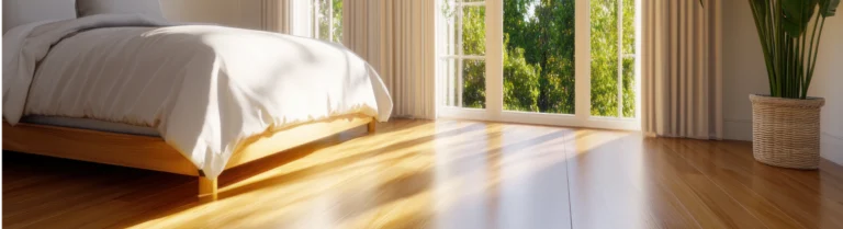 Schlafzimmer mit großem Fenster, Holzfußboden hellen Wänden.