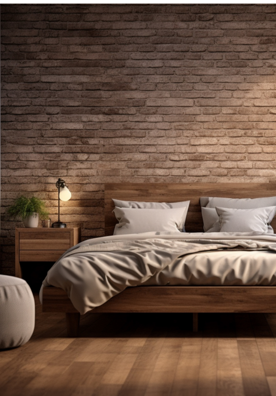 Schlafzimmer mit hellem Holzboden, Ziegelwand und einem Holzbett an der Wand.