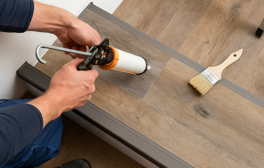 Eine Person verwendet eine Kartuschenpistole, um Klebstoff auf die Oberfläche einer Treppenstufe aufzutragen. Die Hand der Person hält das Werkzeug sicher und gleichmäßig an die Treppenstufe angesetzt. Neben der Arbeitsfläche liegt ein Malerpinsel mit hellen Borsten auf dem Boden, der für weitere Arbeitsschritte bereitliegt. Der Boden besteht aus glatten Holzpaneelen in einem hellbraunen Farbton und die Umgebung wirkt sauber sowie gut ausgeleuchtet. Im Fokus stehen die sorgfältigen Vorbereitungen zur Verkleidung von Treppenstufen im Innenraum eines Hauses.