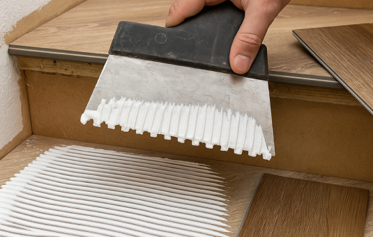 Auftragen von Kleber auf eine Treppenstufe mit Zahnspachtel – Vorbereitung für die Verklebung von Vinylboden