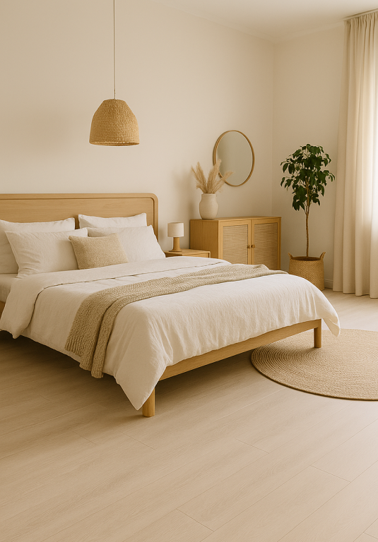 Modern eingerichtetes Schlafzimmer mit hellem Vinylboden für eine luftige, beruhigende Atmosphäre – das Bild ist klickbar und verlinkt zum Produkt im casando-Shop.