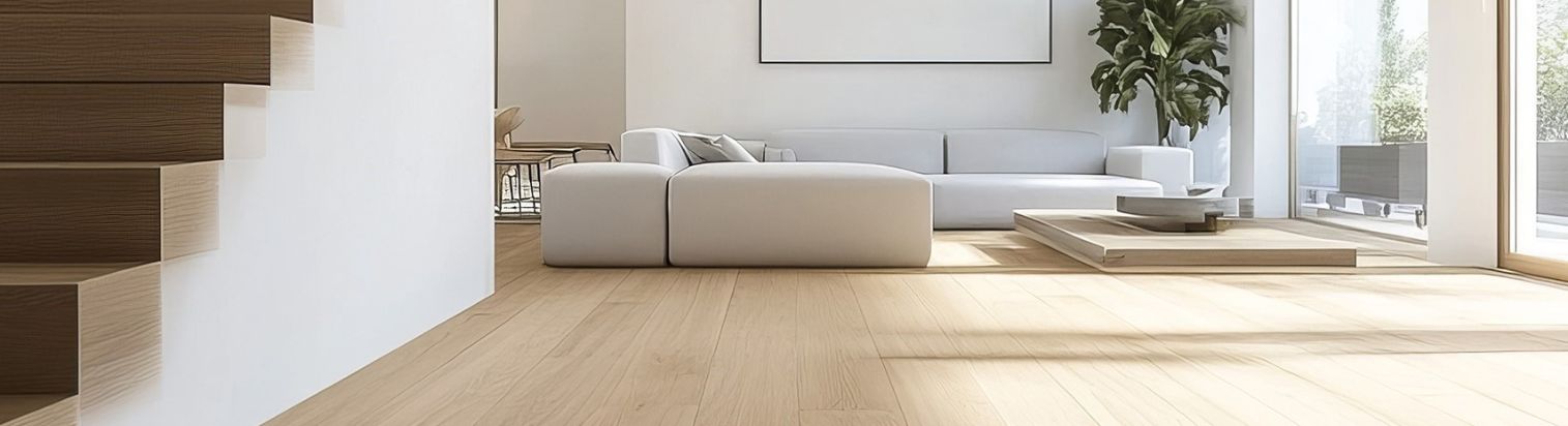 Wohnzimmer mit weißem Sofa, Laminatboden in Holzoptik und großen, bodentiefen Fenstern.