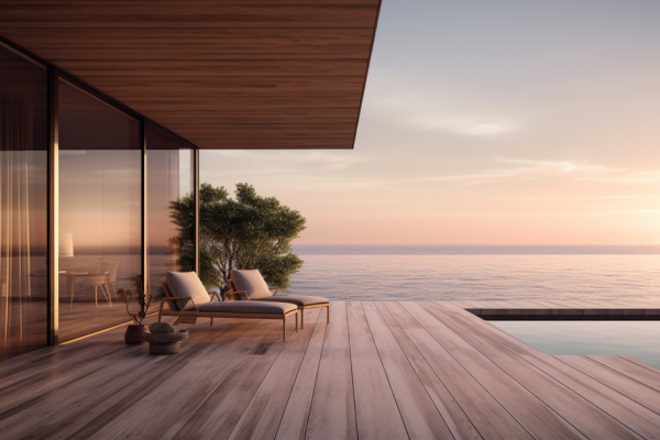 Moderne WPC-Terrasse mit Blick auf das Meer bei Sonnenuntergang, ausgestattet mit eleganten Liegestühlen und minimalistischer Architektur – klickbares Bild führt direkt zum passenden Produkt im casando Shop.