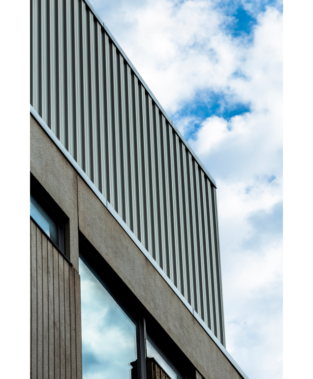 Moderne Fassadenverkleidung aus WPC mit vertikalen Profilen an einem zeitgemäßen Gebäude – langlebig, pflegeleicht und ideal für stilvolle Außenfassaden. Bild ist klickbar und führt zum passenden WPC-Fassadenprofil im casando-Shop