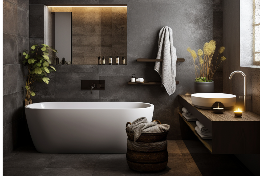 Badezimmer mit freistehender Badewanne, Handtüchern und hellgrauem Bodenbelag im Bad.
