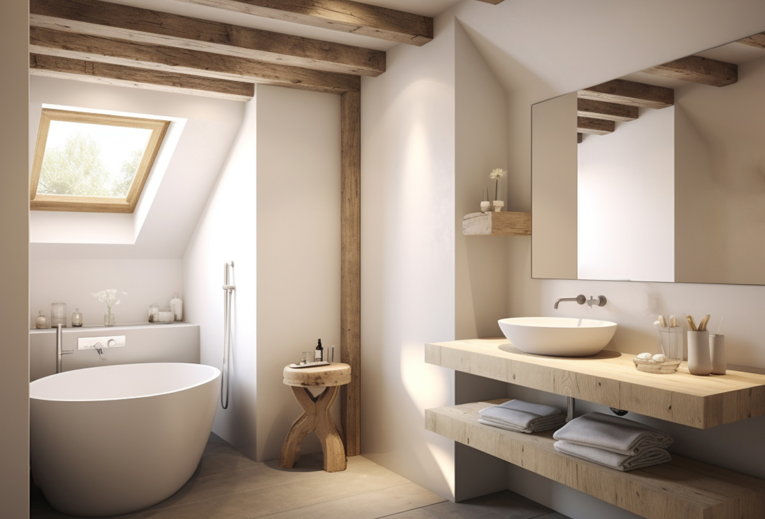 Badezimmer mit runder, freistehender Badewanne, sichtbaren Holzbalken an der Decke und gefliestem Boden.