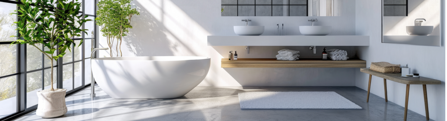 Modernes, lichtdurchflutetes Badezimmer mit fugenlosem Designboden in Sichtestrichoptik – pflegeleicht, minimalistisch und ideal für große Badflächen.