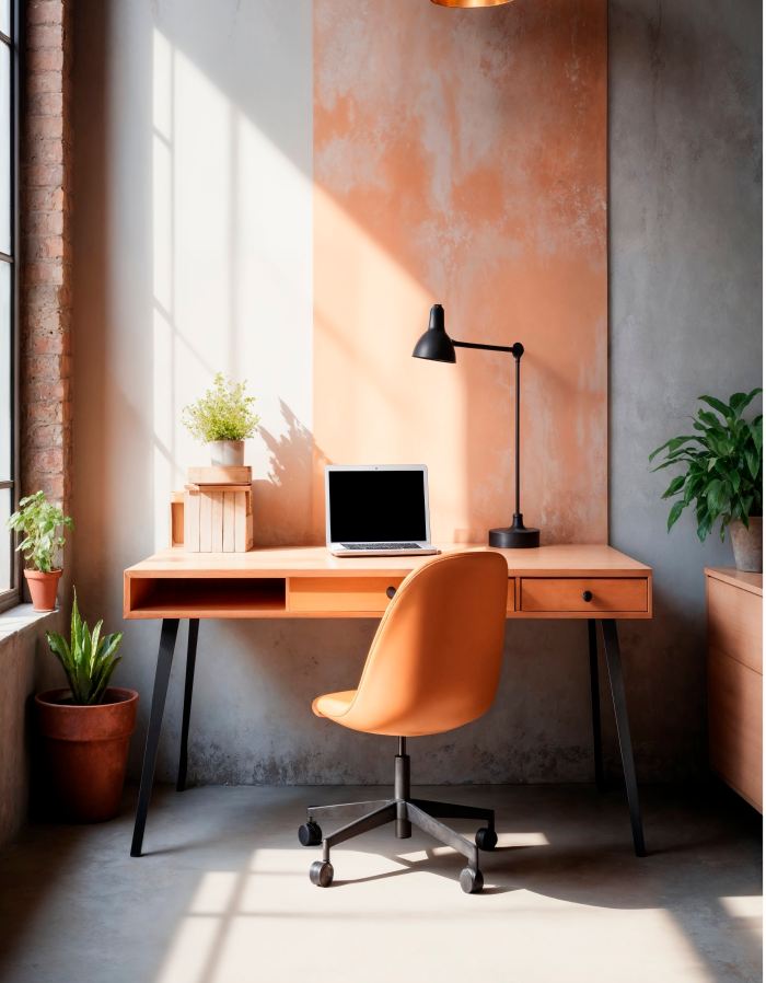 Heimbüro mit orangefarbenem Stuhl, Holzschreibtisch, Grünpflanzen und sichtbarem Bodenbelag im Arbeitsbereich.