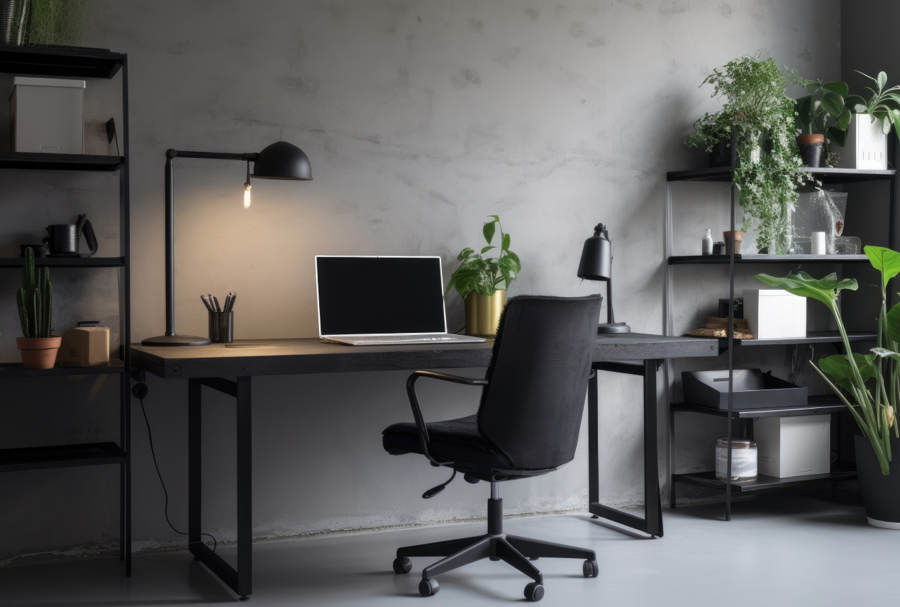 Heimbüro mit schwarzem Schreibtisch, Laptop, Lampe, Pflanzen und stilvollem Bodenbelag im Arbeitsbereich.