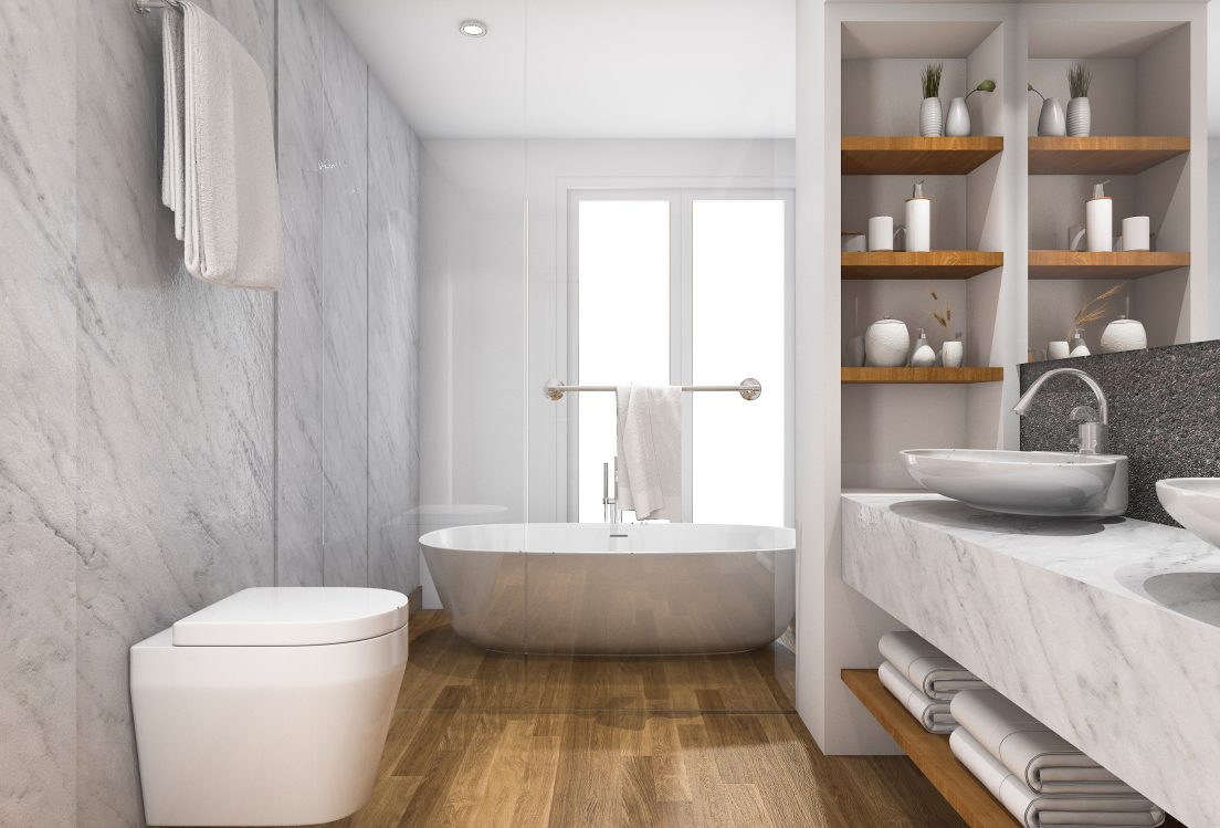 Helles Badezimmer mit realistischem Vinylboden in natürlicher Eichenoptik – stilvoll, pflegeleicht und perfekt für feuchte Räume. Jetzt klicken und Vinylböden in Holzoptik im casando-Shop entdecken.