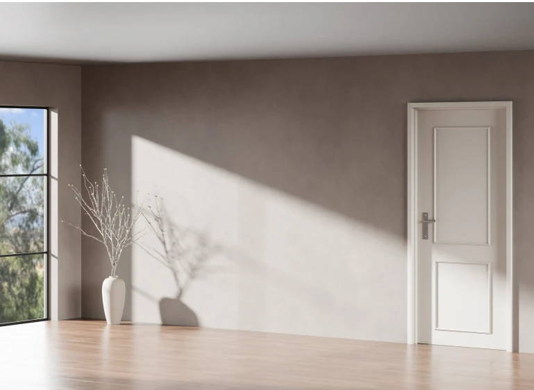 Helles, modernes Zimmer mit natürlichem Lichteinfall, stilvollem Vinylboden in Holzoptik und eleganter weißer Tür – jetzt passenden Bodenbelag im casando-Shop entdecken.
