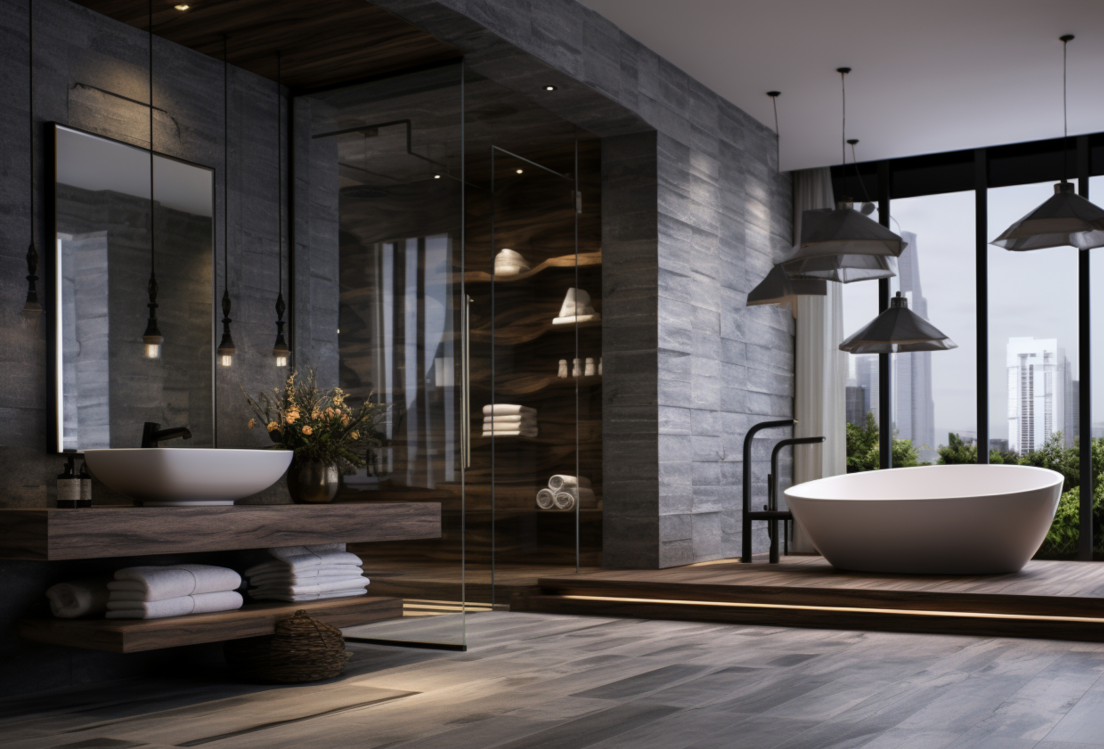Modernes Badezimmer mit wasserfestem Vinylboden in eleganter Landhausdielen-Optik – vereint natürliche Holzästhetik mit hoher Funktionalität. Jetzt klicken und passenden Vinylboden im casando-Shop entdecken.