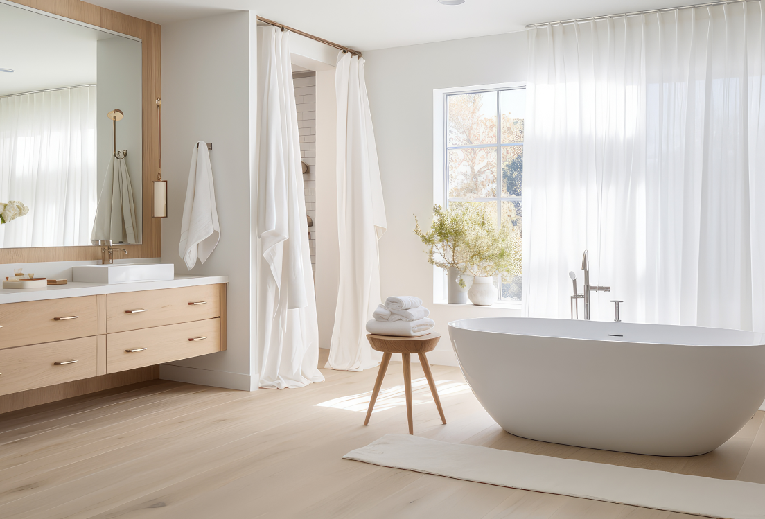 Lichtdurchflutetes Badezimmer mit hellem Vinylboden stilvoll kombiniert mit natürlichen Materialien. Jetzt klicken und passenden Badboden im casando-Shop entdecken.