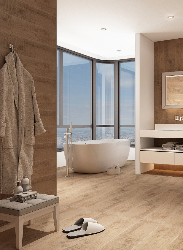 Modernes Badezimmer mit warmem Holzoptik-Boden – idealer Look mit wasserfestem Vinylboden. Jetzt klicken und passenden Boden im casando-Shop entdecken.