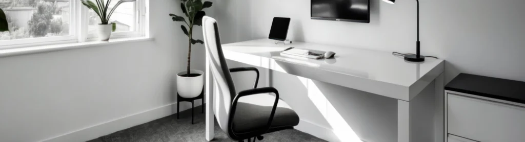 Weißes Heimbüro mit Schreibtisch, Bürostuhl Computer und hellem Bodenbelag.