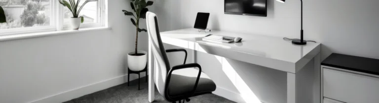 Weißes Heimbüro mit Schreibtisch, Bürostuhl Computer und hellem Bodenbelag.