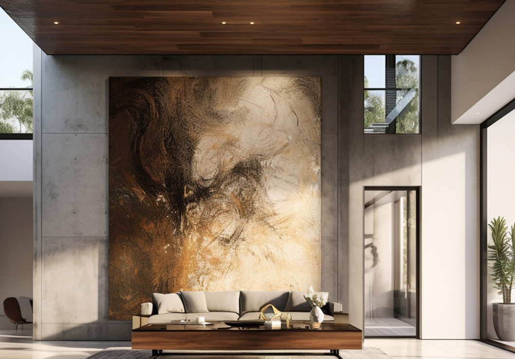 Wohnzimmer mit Deckenpaneelen, abstrakter Wandkunst, neutralem Sofa und sichtbaren Holzakzenten.