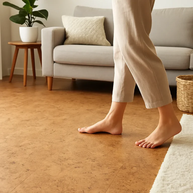 Barfuß auf hellem Korkboden im Wohnzimmer mit grauem Sofa und sanfter Beleuchtung.